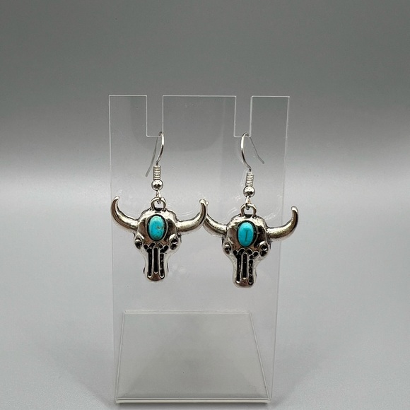 Turquoise Bull Skull Earrings - Handmade E0131C - Picture 2 of 5